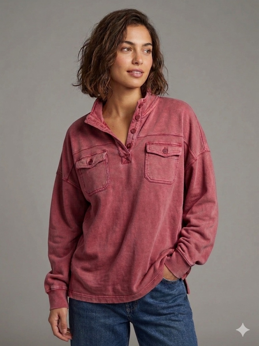 Lucky Brand Vintage Inspired Washed Red Slouchy Relaxed Pullover Sweatshirt XXL